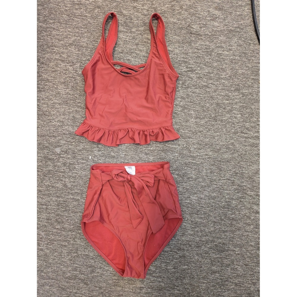 Janela Bay Women's XS Rust Red Ruffle Peplum High Waist Tie Front Bikini Set